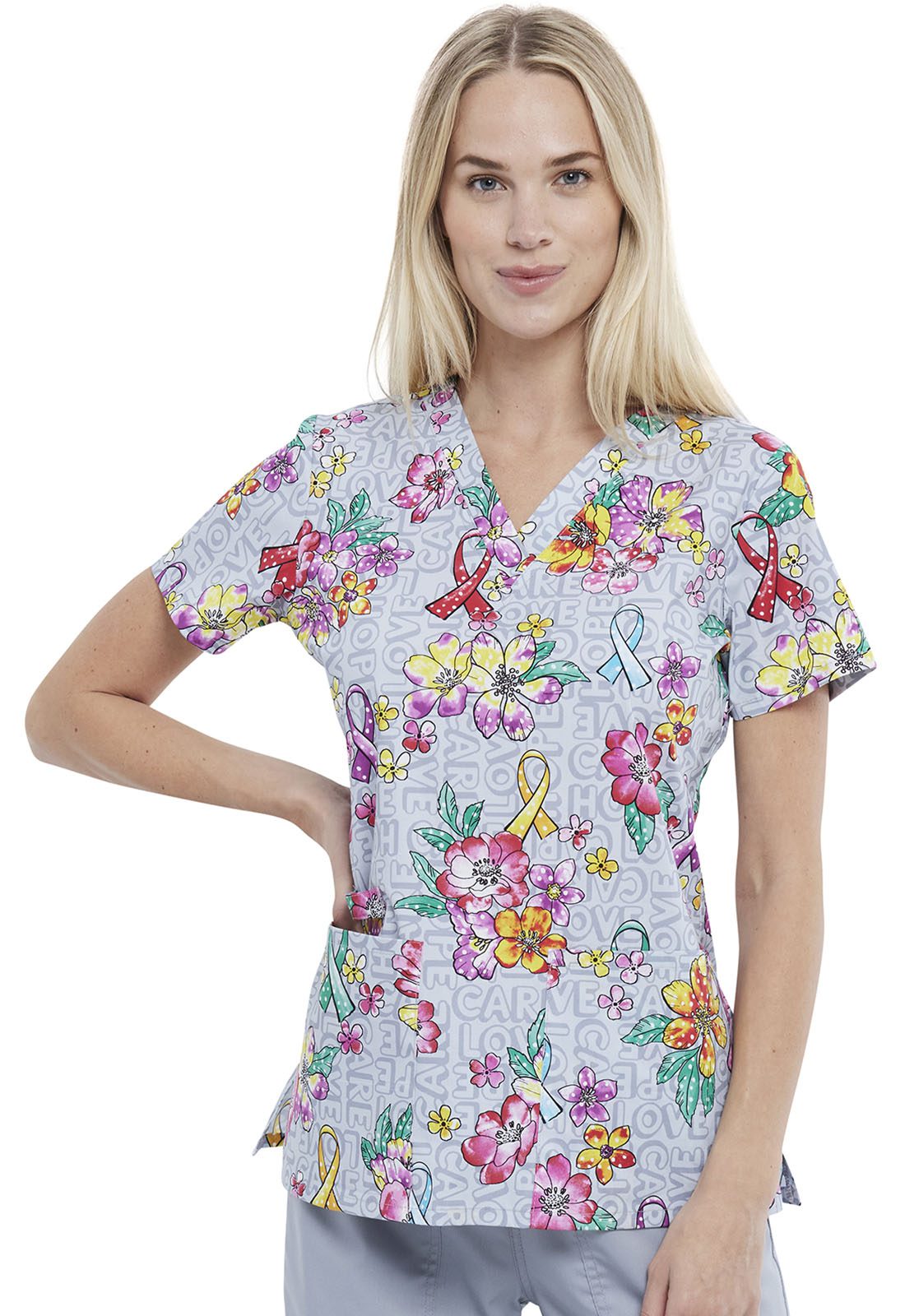 Womens V-Neck Print Top in Friendly Flowers