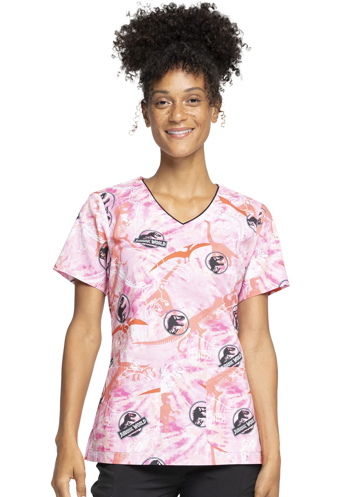 Womens V-Neck Print Top in Tie Dye Dinos