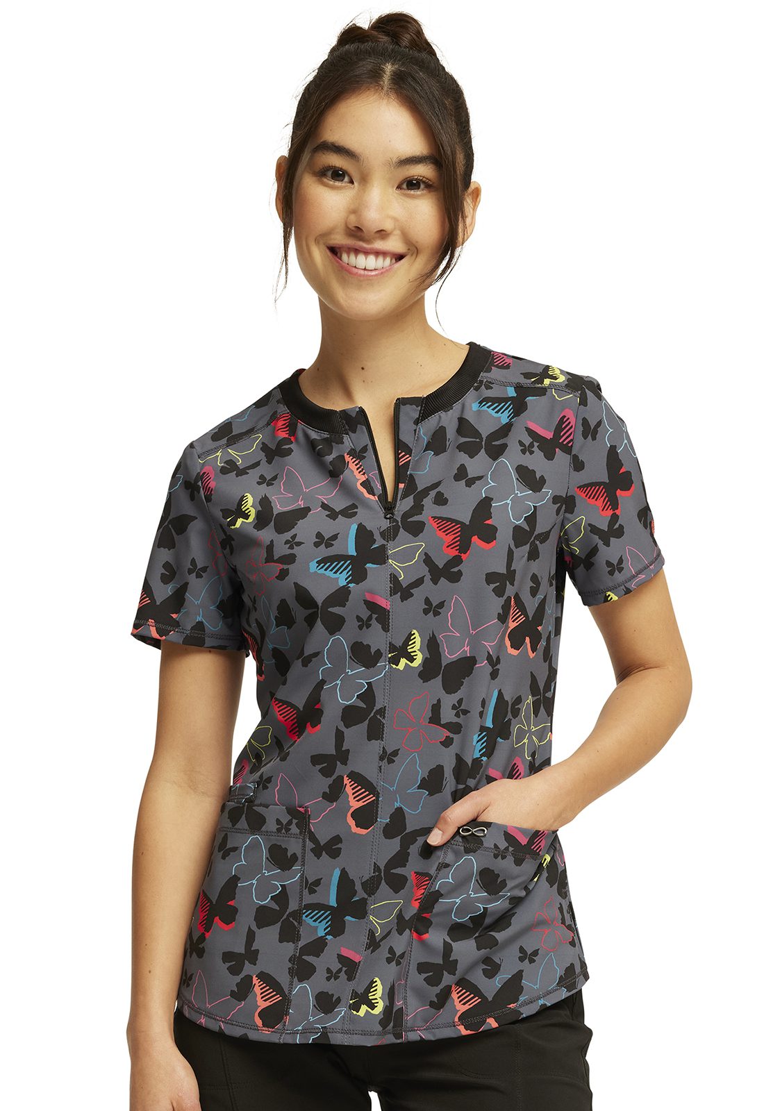 Womens Rounded V-Neck Print Top in Brilliant Butterflies