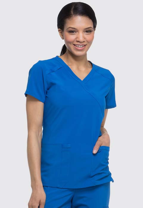 A Contemporary fit mock wrap top features three pockets