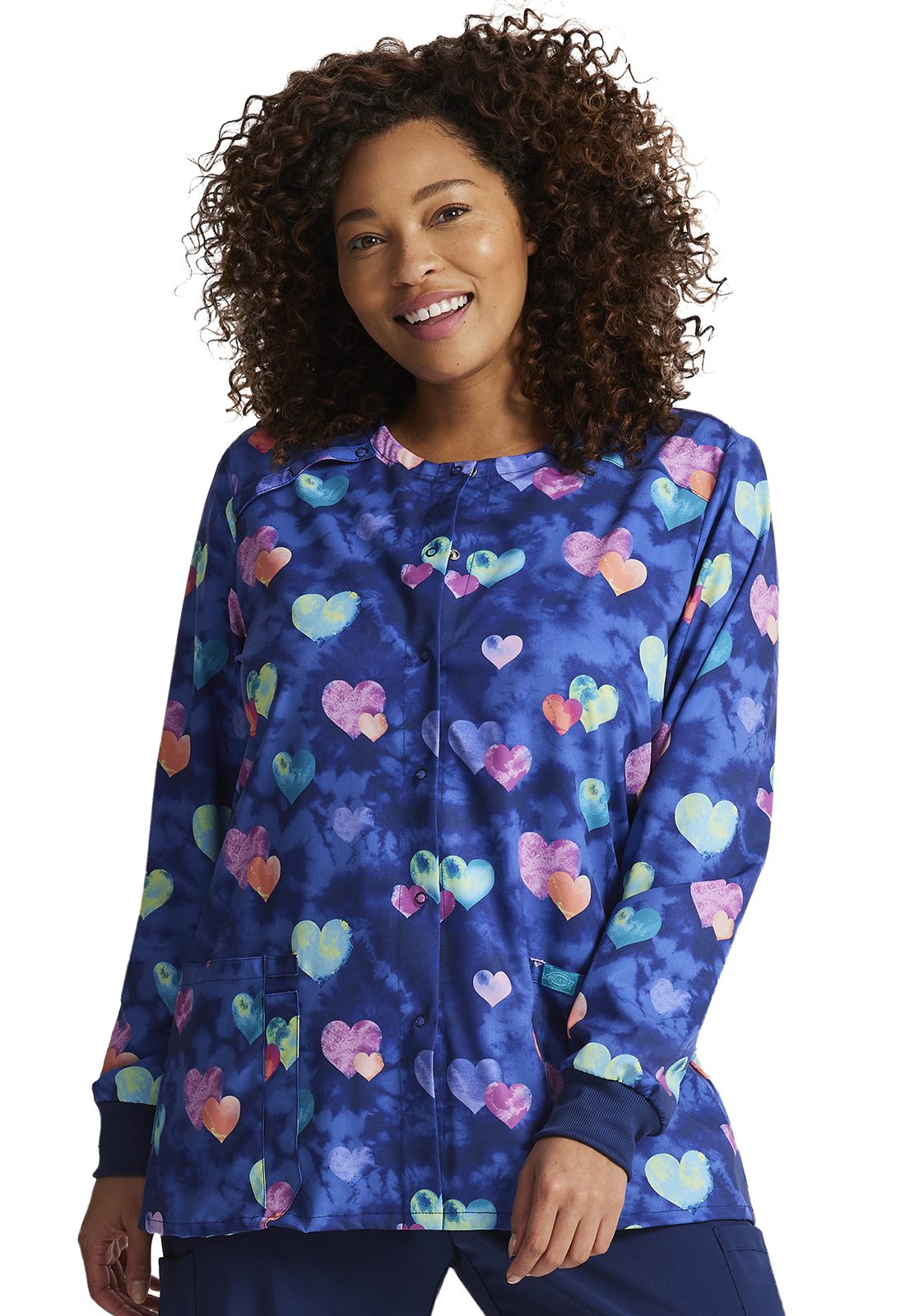 Womens Snap Front Warm-Up Jacket in Hippie Hearts