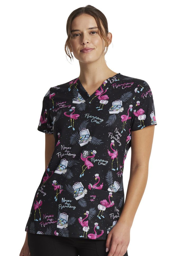 Womens V-Neck Print Top in Flamazing Care