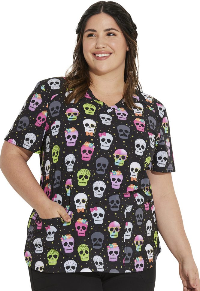 Womens V-Neck Print Top in Squad Ghouls