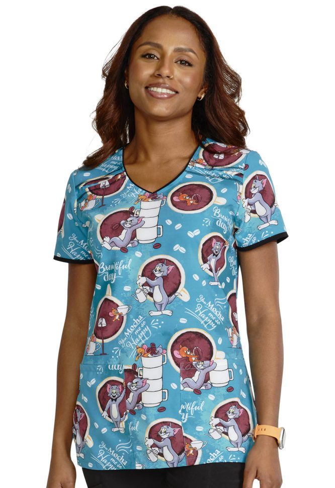 Womens V-Neck Print Top in Mocha Me Happy